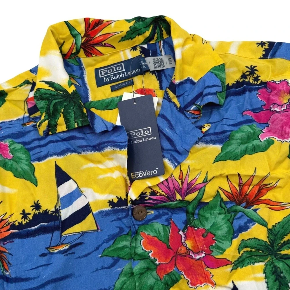 Polo Ralph Lauren Hawaiian Shirt Mens Small Yellow Tropical Sailboat EcoVero NWT